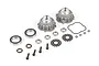 A Rovan metal differential shell kit including two metal differential housings, bearings, screws, washers, O-rings, and clips on a white background.