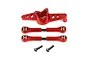 A set of red anodized aluminium RC steering components, including a steering arm, two turnbuckle linkages, and two mounting screws.