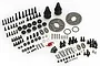 A large assortment of Rovan RC spare parts including various screws, nuts, washers, clips, rubber boots, and metal discs arranged on a white background.