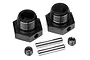 Two black aluminium 17mm wheel hex adapters for RC cars, including two metal drive pins and two grub screws, isolated on a white background.