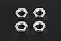 Four silver aluminium hexagonal wheel nuts arranged in a two-by-two grid on a dark background.