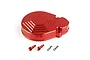 A red anodized aluminium transmission case cover for an RC car, accompanied by two small red metal pins and two black R-clips on a white background.