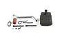 Rovan muffler silencer kit including a black exhaust canister, silver pipe, gasket, bolts, and small hardware components on a white background.