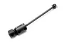 A black metal RC car centre drive shaft with a universal joint and hex hub attachment on a white background.