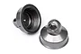 Two gunmetal grey aluminium shock caps for HPI Vorza RC cars, showing both the threaded interior and the exterior mounting eyelet.