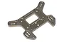 A gunmetal grey anodized aluminum rear shock tower for an HPI Vorza RC car, featuring multiple mounting holes and a central cutout.