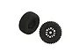 Two black ARRMA dBoots Fortress LP RC car wheels with knobby tread patterns on black rims, shown against a white background.