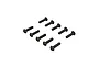 Ten black metal button head screws with hexagonal sockets arranged in two rows on a white background.