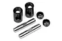 HPI Racing universal joint rebuild kit components including two metal sleeves, two pins, and two grub screws on a white background.