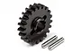 A black 21-tooth steel pinion gear for RC cars with two small metal dowel pins on a white background.