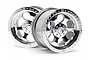 Two shiny chrome-plated 6-spoke RC monster truck wheels from HPI Racing, shown against a plain white background.
