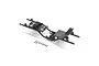 Axial black plastic RC main chassis frame with battery tray and velcro straps, accompanied by a set of small black screws on a white background.