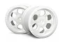 Two white HPI 6-spoke RC monster truck wheels shown at an angle against a white background.
