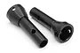 Two black metal drive axles for RC cars, shown from a high angle against a white background.
