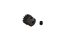 A black 14-tooth steel pinion gear with a matching grub screw, isolated on a white background.