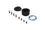 ARRMA centre differential case set including two black plastic housing halves, eight small black screws, and a blue gasket.