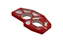 A red anodized aluminium motor mount for ARRMA RC vehicles, featuring a CNC-machined skeletonized design with multiple mounting holes.