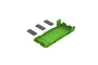 A green plastic ARRMA battery door component shown with three small grey rectangular foam pads on a white background.