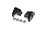 Two black aluminium steering hubs marked L and R, accompanied by four metal ball bearings, isolated on a white background.