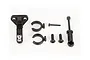 Traxxas trailer hitch set including a hitch mount, two circular clips, screws, and a ball link assembly on a white background.