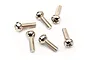A set of six silver-coloured metal ball head screws arranged on a plain white background.