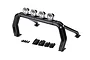 A black Traxxas roll bar set with four mounted chrome spotlights, including mounting hardware and plastic brackets on a white background.