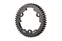 A dark grey hardened steel 46T 1Mod wide face spur gear for RC vehicles, featuring three mounting holes and engraved markings.