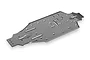 A dark titanium-coloured aluminium main chassis plate for an RC vehicle, featuring various mounting holes and structural ribs.