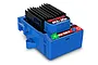 Traxxas BL-2s waterproof brushless electronic speed control (ESC) unit in blue plastic with a black heatsink and illuminated green LED.