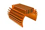 An orange anodized aluminium motor heatsink with cooling fins, designed for RC car motors.