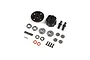 Losi complete centre differential parts kit including gears, housing, bearings, and hardware on a white background.