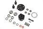 A complete Losi differential assembly kit including gears, housing, bearings, screws, and shims laid out on a white background.
