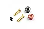 A set of Yeah Racing 4mm bullet plug grips including two gold-plated bullet connectors, two anodized aluminium grips in red and black, and two small grub screws.