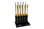 A set of Yeah Racing black and gold aluminium hex and nut drivers arranged in a black tool stand against a white background.