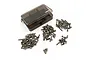 A collection of various titanium RC screws arranged in piles next to a small, translucent grey plastic storage box with the Yeah Racing logo.