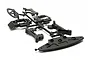 A black plastic parts tree containing shock towers and bumper components for an HPI RC car model.