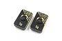 Two rectangular Yeah Racing 5g black brass chassis balancing weights with gold text and central mounting holes on a white background.