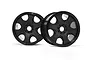 Two black HPI Savage Warlock RC monster truck rims shown from a front-facing angle against a white background.
