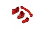A set of four red anodized aluminium RC servo saver components arranged on a white background.