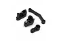 A set of four black anodized aluminium RC servo saver components arranged on a white background.