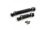 Two black metal RC driveshafts of different lengths with YR logos and four small black screws on a white background.
