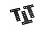 Three T-shaped graphite suspension plates for RC cars, featuring a woven carbon fiber pattern and multiple mounting holes.