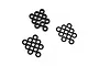 A collection of small black aluminium flat washers arranged in three groups on a white background.