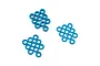 A collection of blue anodized aluminium flat washers arranged in three small groups against a white background.