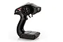 A black 2-channel pistol-grip RC transmitter with a steering wheel and throttle trigger, isolated on a white background.