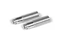 Two silver aluminium Axial Icon RC shock bodies with threaded barrels and laser-etched branding on a white background.