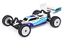 Losi Mini-B 1/16 scale 2WD RC buggy in blue and white livery, shown from a high-angle studio shot.
