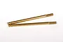 Two gold-colored metal shock shafts for RC cars, featuring threaded ends and grooved tips, isolated on a white background.