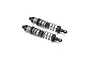 Two assembled gunmetal aluminium RC shock absorbers with black springs and plastic ends against a white background.