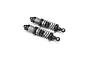Two Losi gunmetal aluminium RC front shock absorbers with black springs and plastic ends, isolated on a white background.